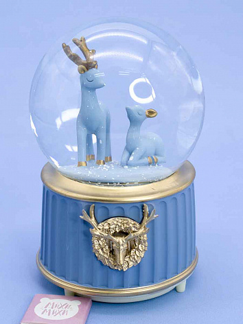 Снежный шар Олень и олененок со звуком и подсветкой голубой № 4, 15 см