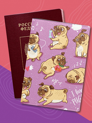 Обложка на паспорт Мопс фиолетовый