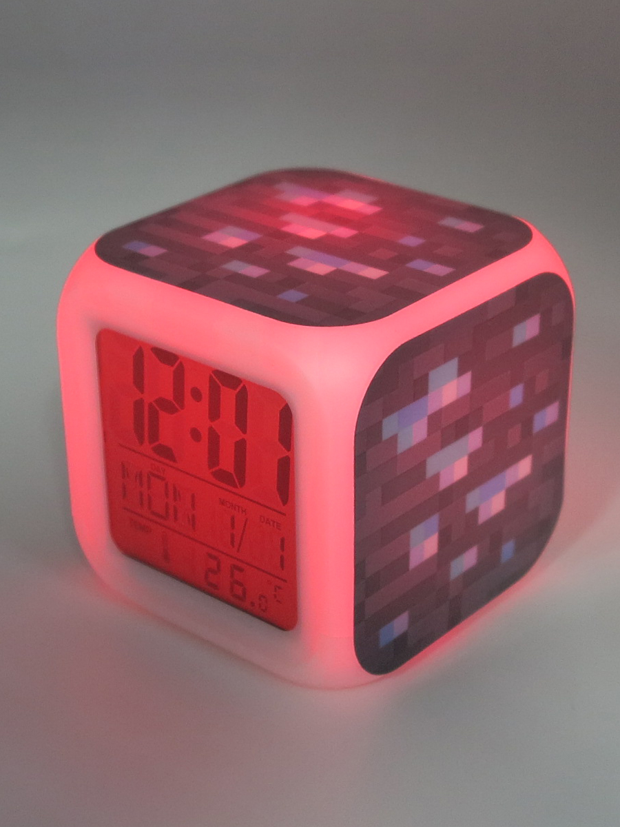 Часы-будильник Блок алмазной руды пиксельные с подсветкой -  в .