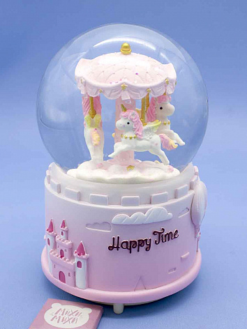 Снежный шар Happy Time Карусель с Единорогами со звуком и подсветкой розовый 15 см