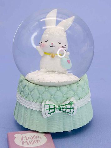 Снежный шар Бантик Кролик с подсветкой зеленый 9 см