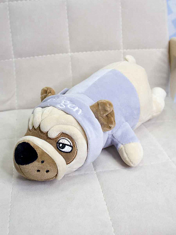 Мягкая игрушка Собака Мопс в голубой кигуруми 29 см.