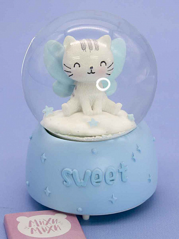 Снежный шар Sweet Котик ангел с подсветкой голубой 9 см