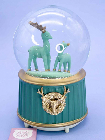 Снежный шар Олень и олененок со звуком и подсветкой зеленый № 3, 15 см