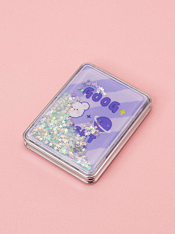 Зеркало косметическое Мишка Good Night с блестками складное прямоугольное фиолетовое