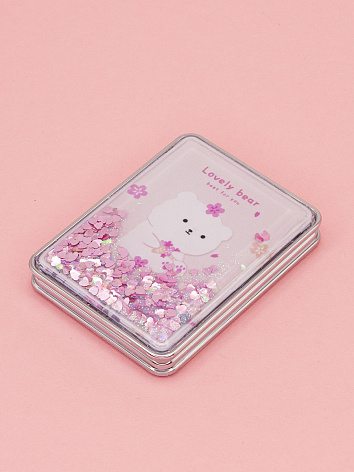 Зеркало косметическое Мишка Lovely Bear with a flower с блестками складное прямоугольное розовое