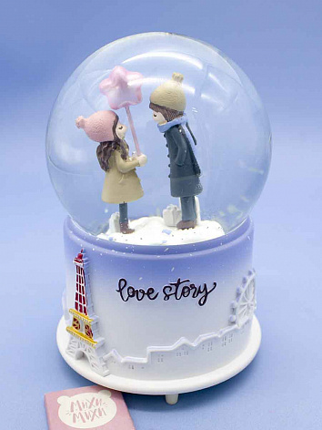 Снежный шар Love Story Мальчик и Девочка со звуком и подсветкой голубой №2, 15 см