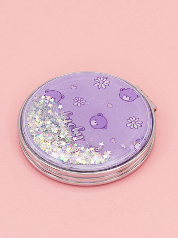 Зеркало косметическое Мишка Lucky с блестками складное круглое фиолетовое