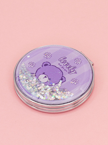 Зеркало косметическое Мишка Lovely с блестками складное круглое фиолетовое