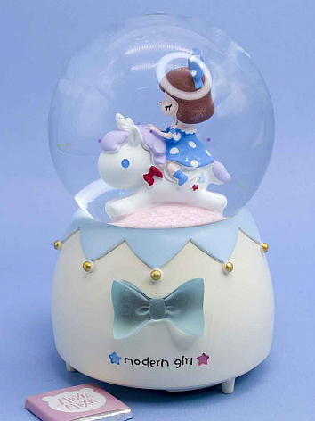 Снежный шар Modern Girl Девочка на единороге со звуком и подсветкой голубой №2, 15 см