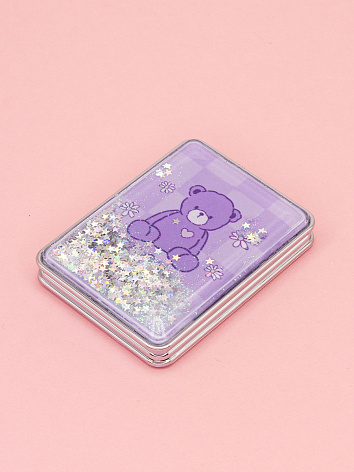 Зеркало косметическое Мишка Hello с блестками складное прямоугольное фиолетовое