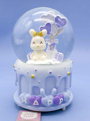 Снежный шар Торт Happy с Кроликом со звуком и подсветкой голубой 15 см