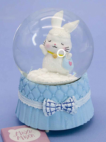 Снежный шар Бантик Кролик с подсветкой голубой 9 см