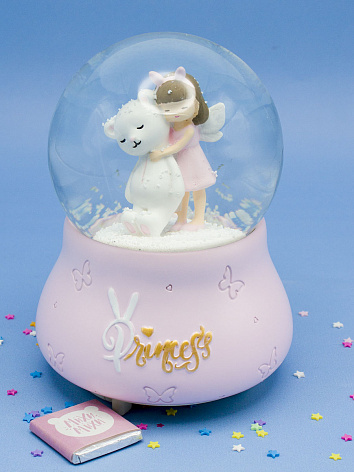Снежный шар Принцесса с мишкой со звуком и подсветкой розовый 15 см