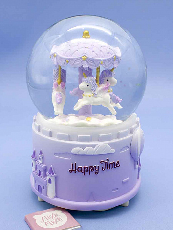 Снежный шар Happy Time Карусель с Единорогами со звуком и подсветкой фиолетовый 15 см
