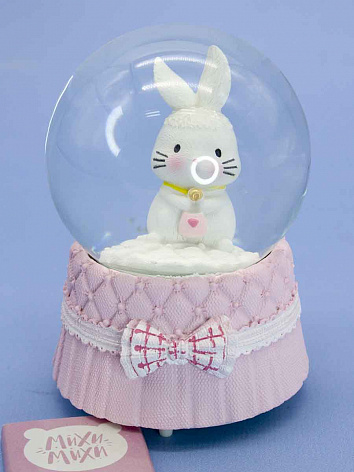 Снежный шар Бантик Кролик с подсветкой розовый 9 см