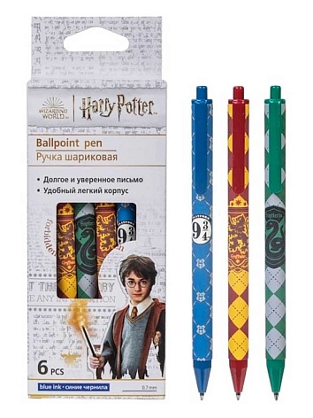 Набор шариковых ручек автоматическая Гарри Поттер синяя 0,7мм 6 шт.  в картонной коробке