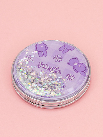 Зеркало косметическое Мишка Smile с блестками складное круглое фиолетовое