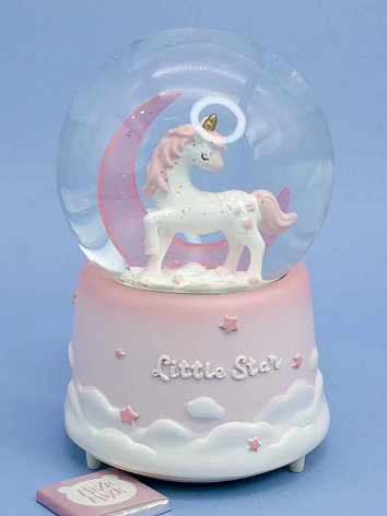 Снежный шар Little Star Единорог и Полумесяц со звуком и подсветкой розовый 15 см