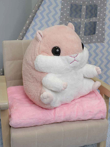 Мягкая игрушка Хомяк розовый  с пледом 2в1 32 см., размер пледа 100х160 см.