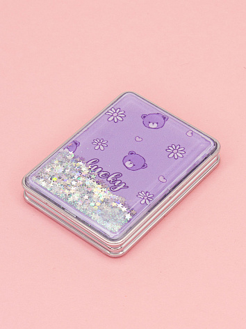 Зеркало косметическое Мишка Lucky с блестками складное прямоугольное фиолетовое