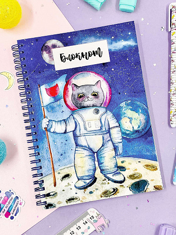 Блокнот на боковых кольцах твёрдая обложка Кот Космонавт на Луне